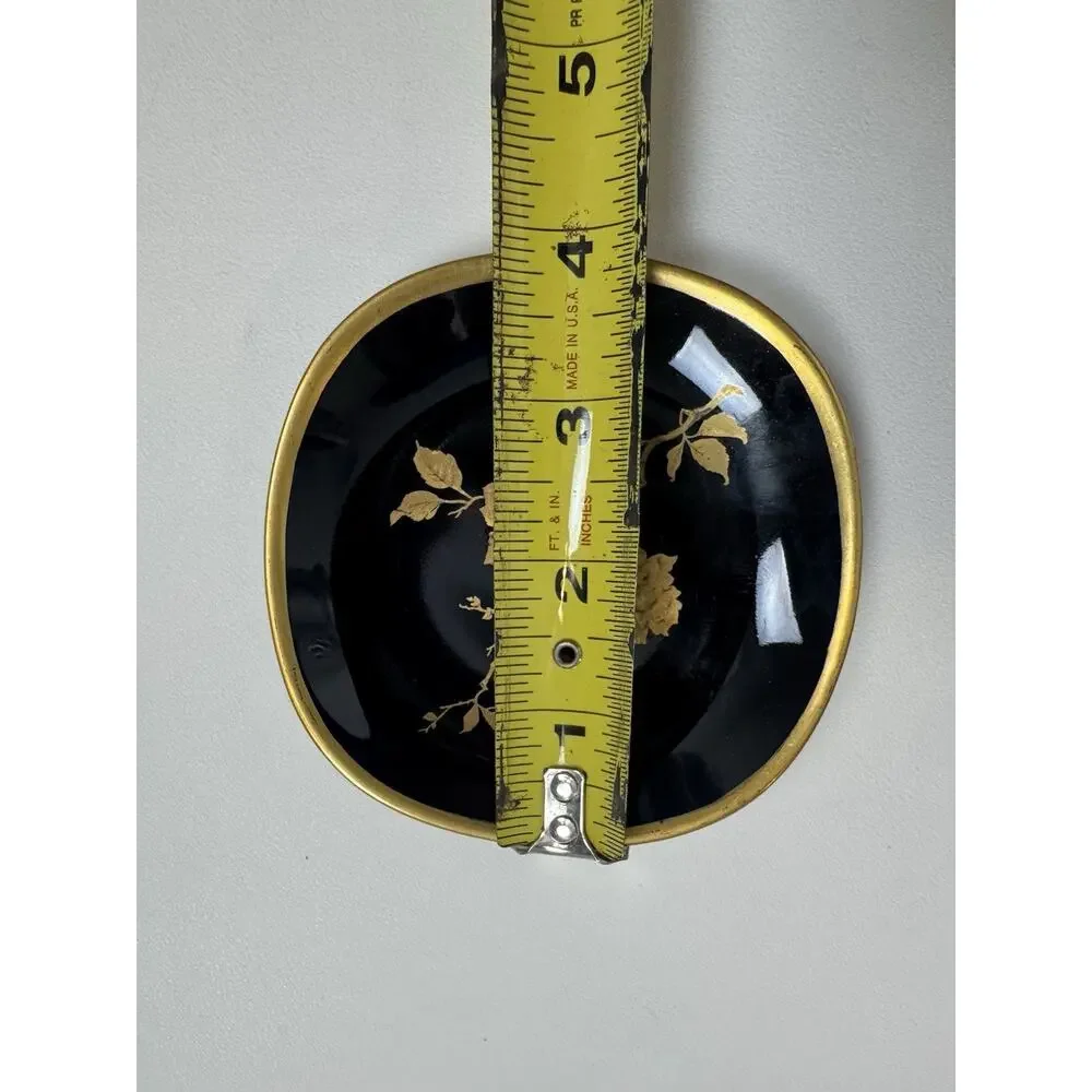 Vintage Alboth Kaiser Black Gold Rose Vanity Trinket Dish Constanze Floral 4”